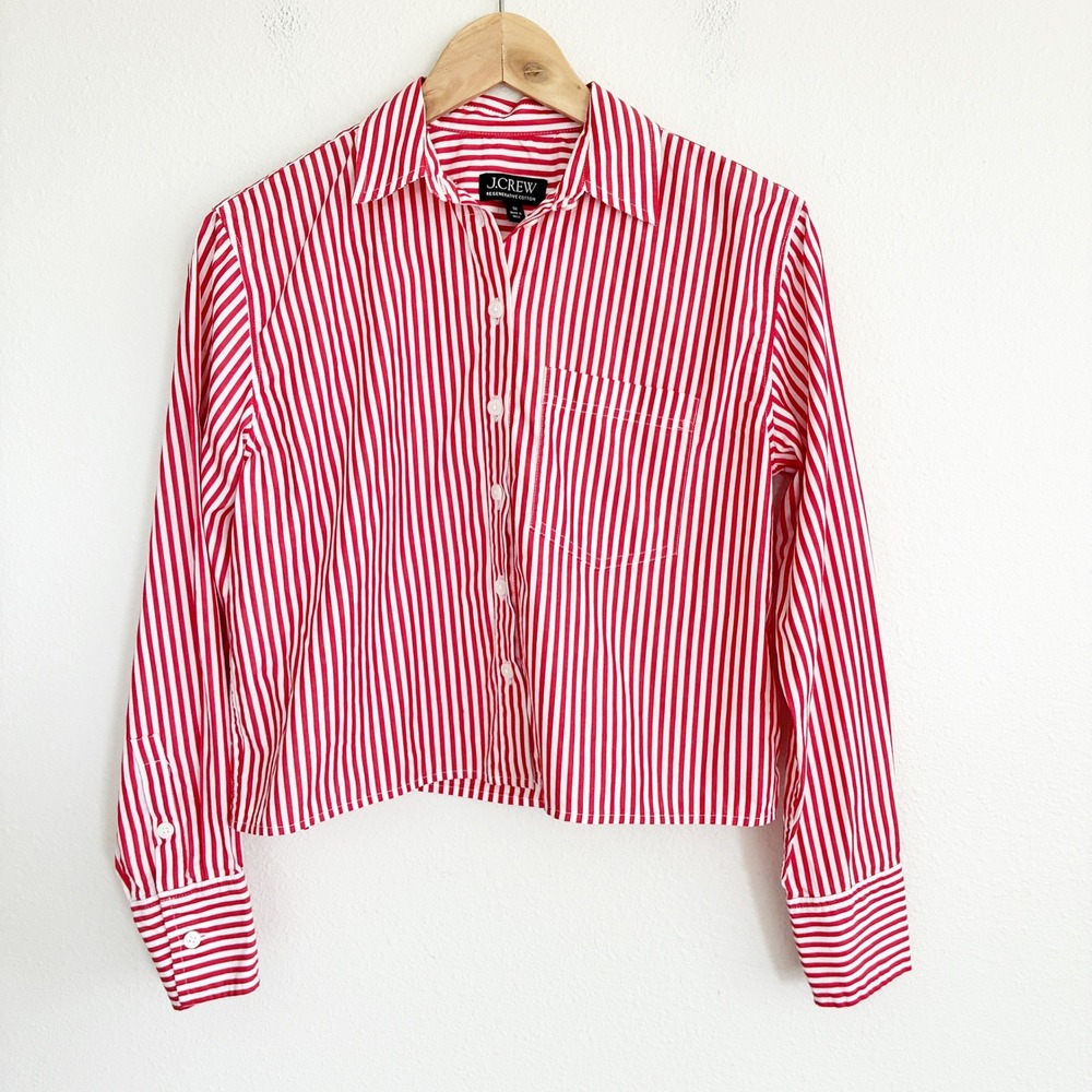 J.Crew Cropped Button Up Shirt Womens 00 Red White Bartram Stripe Cotton
